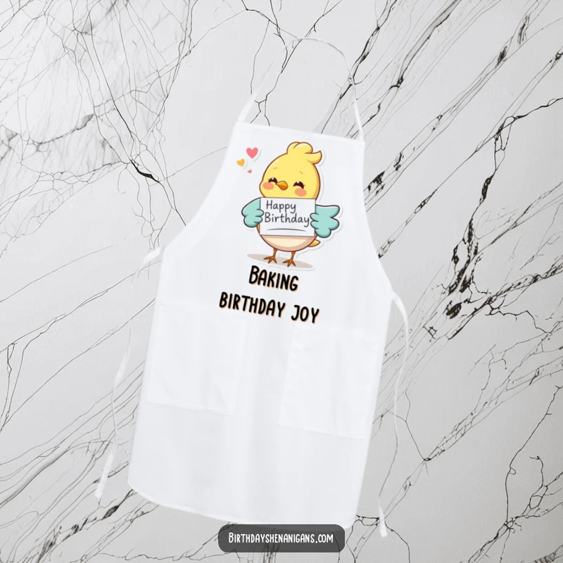 Funny whimsical bird character delivering a birthday card, durable apron for cooking, bringing humor and festive cheer.
