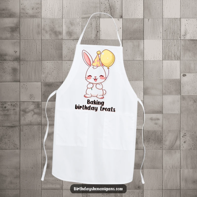 Funny birthday apron featuring a cheerful bunny character wearing a party hat and holding a balloon, ready for kitchen fun.