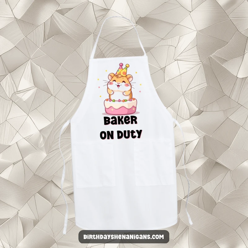 Funny Kawaii hamster wearing a party hat, spinning on a cake, humorous apron for kitchen fun.