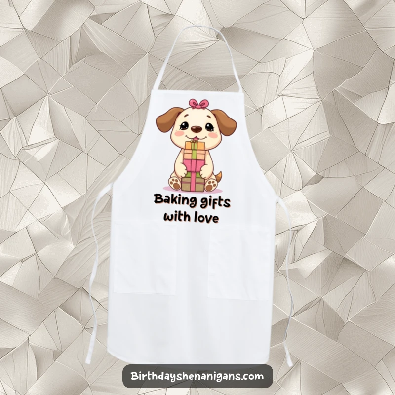 Funny Kawaii dog wearing a chef hat, balancing a stack of presents on its nose, perfect for a humorous cooking session.