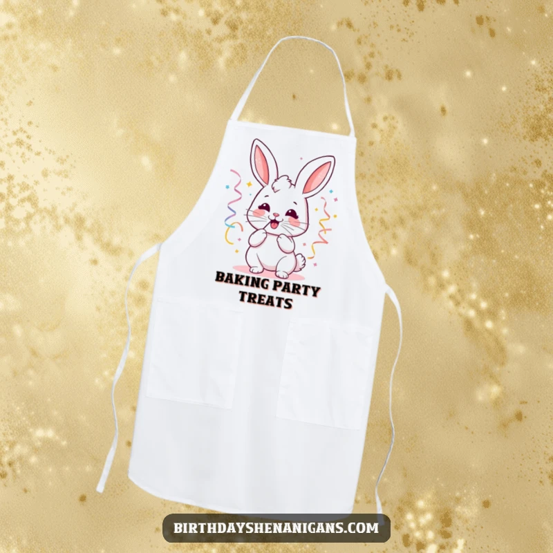 Funny kawaii bunny party apron featuring a joyful bunny blowing streamers, ideal for festive cooking and baking.