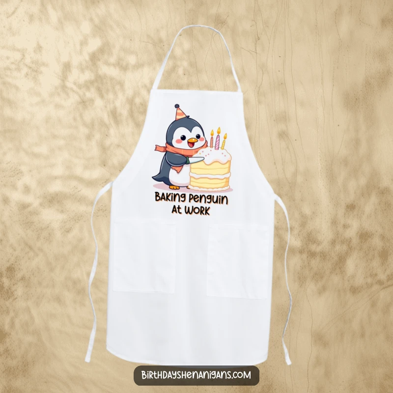 Funny apron with a happy penguin in a birthday scarf, hilariously attempting to cut a giant cake, perfect for a baker.
