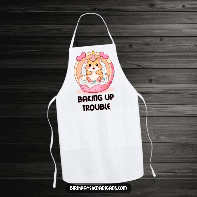 Funny kawaii hamster character inside a rolling birthday cake, depicted on a fun apron for bakers.