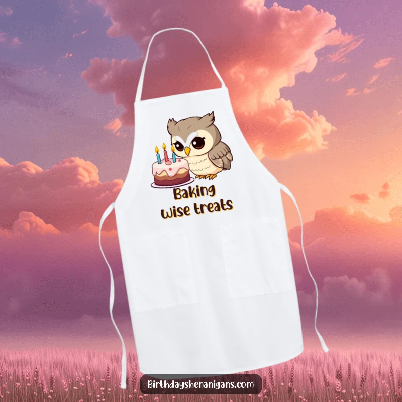 Funny owl apron illustrated with a curious character examining a birthday cake, perfect for culinary exploration.