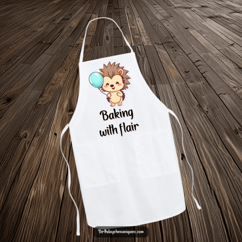 Funny hedgehog apron illustrated with a smiling character holding a colorful balloon, perfect for sweet culinary creations.