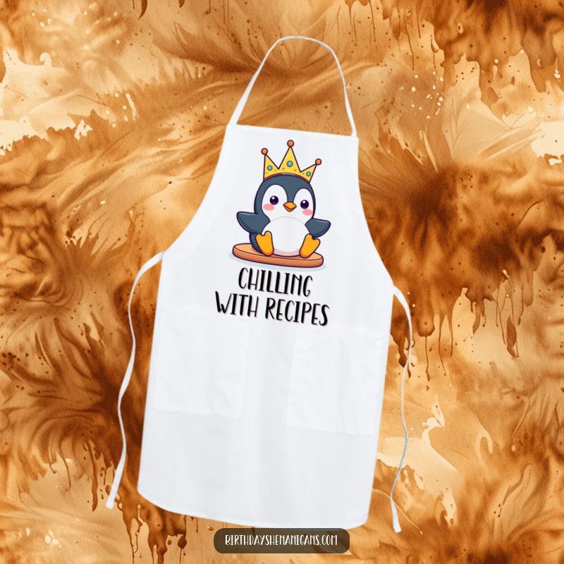 Funny kawaii penguin character sliding with a silly party crown on a kitchen apron, adding a humorous and festive touch to cooking.
