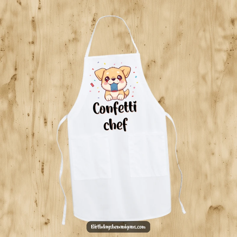 Funny kawaii dog with sparkling eyes launching confetti from a popper on a kitchen apron.