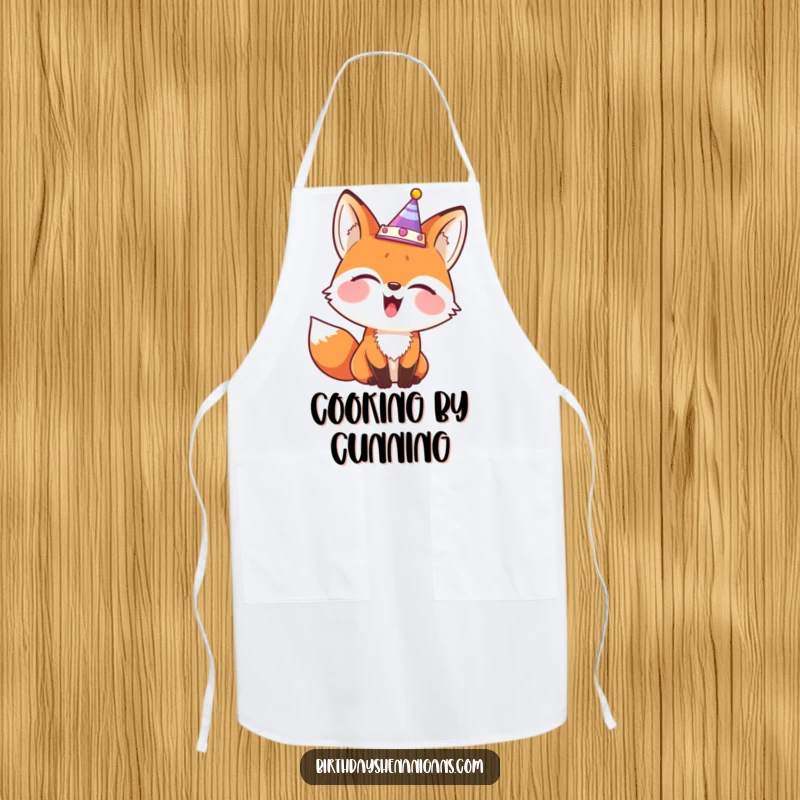 Funny apron featuring a giggling fox wearing a party crown comically askew, perfect for playful kitchen activities.