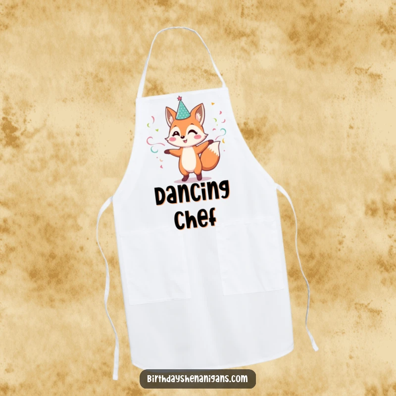 Funny Fox Apron: Cheerful character wearing a sparkly hat, dancing with streamers, a kitchen accessory.