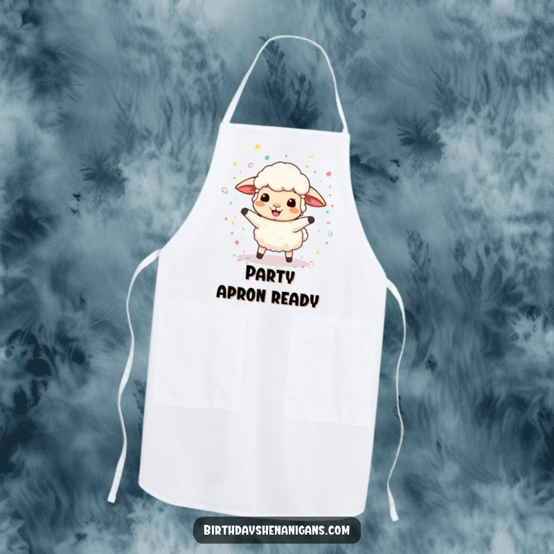 Funny apron depicting a happy sheep character playfully scattering confetti while cooking, adding humor to the kitchen.