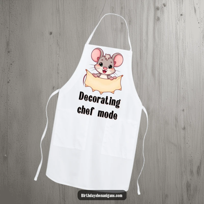 Funny apron showing a diligent mouse character hanging a banner, embodying focus and adding a humorous touch to cooking.