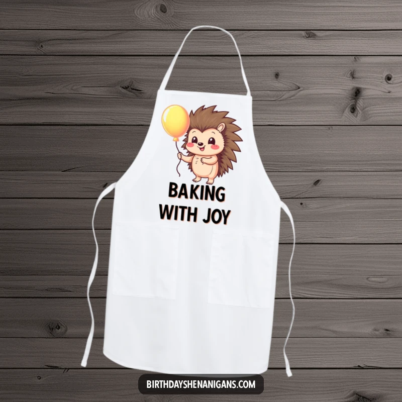 Funny apron with a smiling hedgehog character holding a colorful balloon, adding a playful and humorous element to cooking.