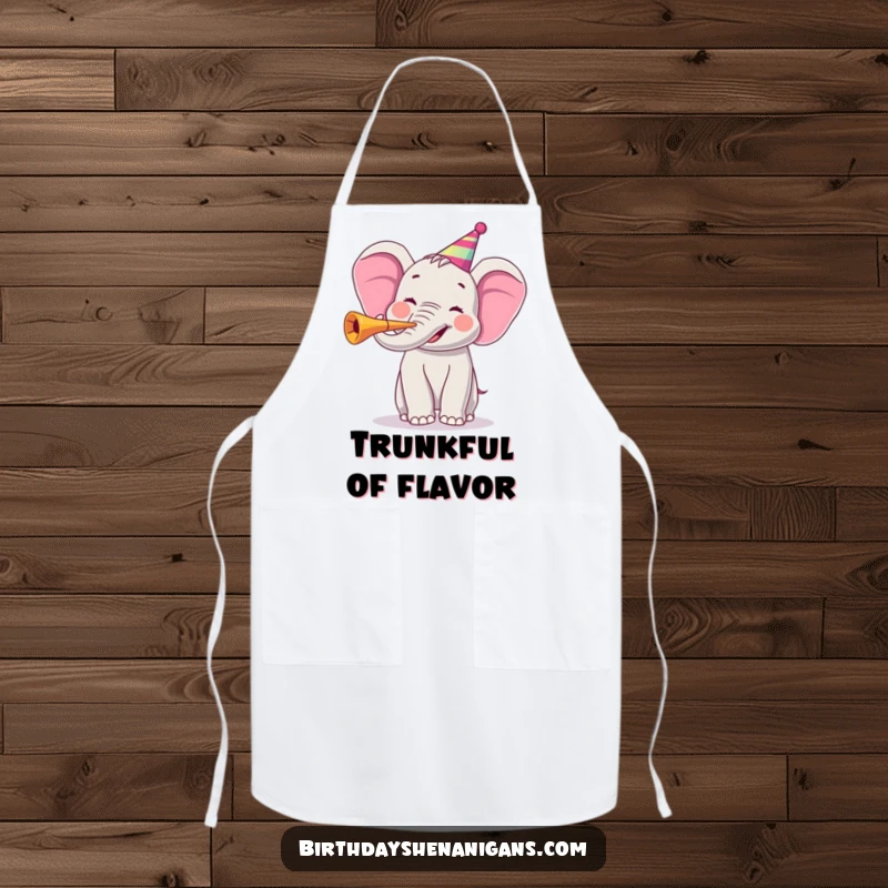 Funny apron depicting a joyful elephant blowing a party horn, adding a humorous and festive touch to cooking adventures.