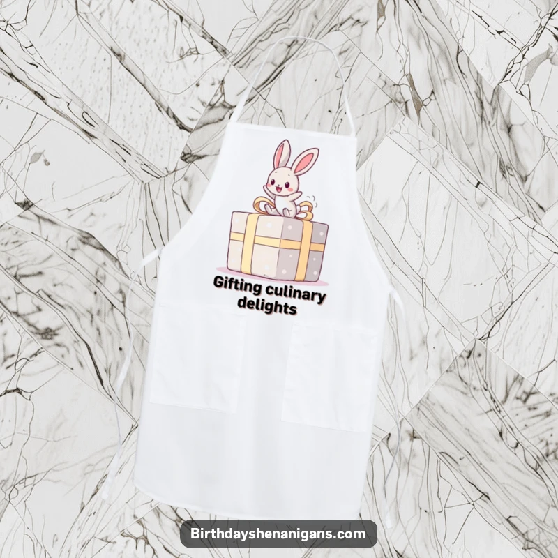 Funny apron with a kawaii bunny bouncing happily on a giant present, ideal for celebrations and adding cute humor to cooking.