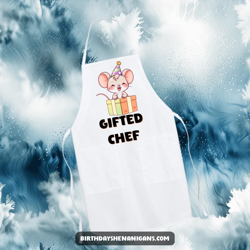 Funny Mouse Apron: Giggling character in party hat on gift box, a cheerful and practical kitchen accessory.