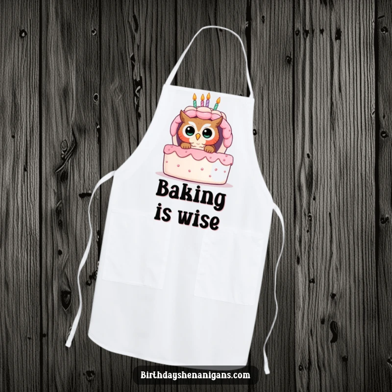 Funny apron featuring a curious owl peeking from behind a giant birthday cake, perfect for playful kitchen activities.