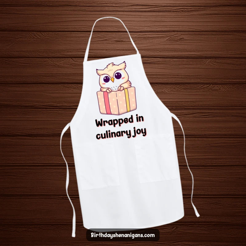 Funny kitchen apron with an owl peeking from a gift box, perfect for adding charm to cooking or baking.