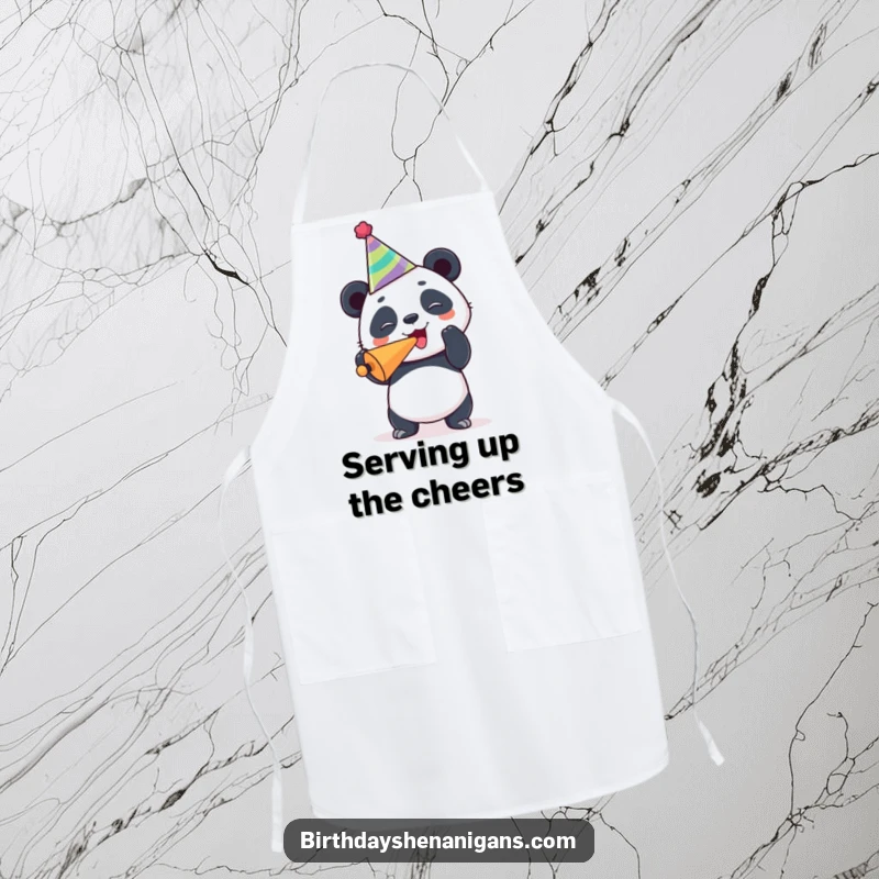 Funny panda kitchen apron, joyous chef, wearing party hat, blowing noisemaker, cooking with celebration and humor.