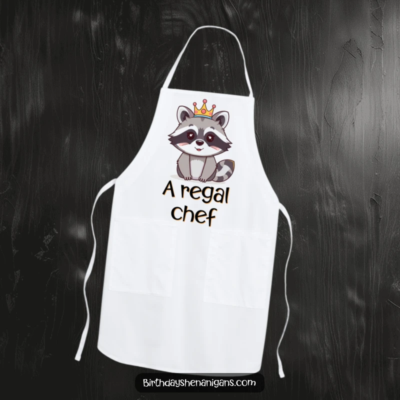 Funny raccoon apron illustrated with a happy character wearing a festive crown, perfect for royal culinary experiences.