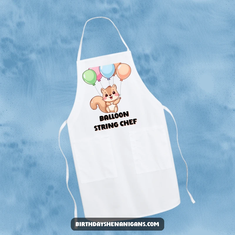 Funny squirrel character holding balloon strings while cooking, a humorous apron design for kitchen enthusiasts.