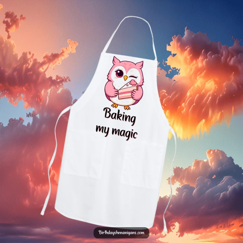 Funny winking owl apron, a playful character holding a slice of cake, ideal for kitchen use and adding sweet humor.