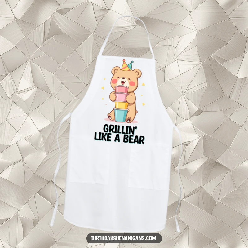 Funny Bear Apron: A cute bear character gleefully stacking colorful party cups, a funny kitchen accessory.