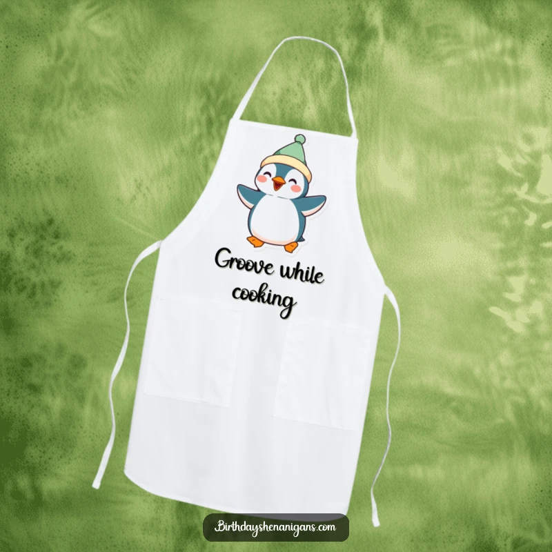Funny Kawaii Penguin Apron: A cute penguin in festive attire performs a silly dance, making kitchen tasks delightfully fun.