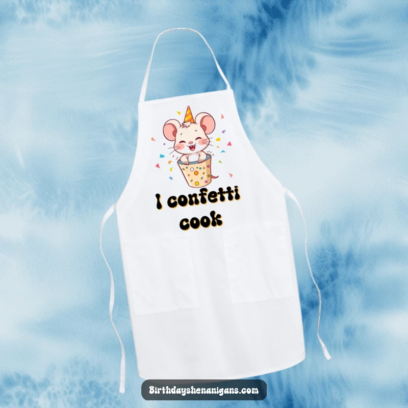 Funny giggling mouse erupting from a party popper, showering confetti, a humorous and practical apron for cooking.