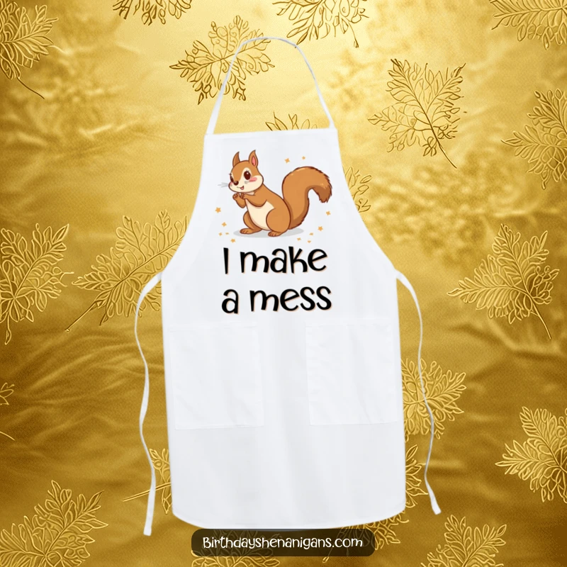 Funny kitchen apron with a squirrel scattering wrapping paper, perfect for adding humor to holiday cooking.