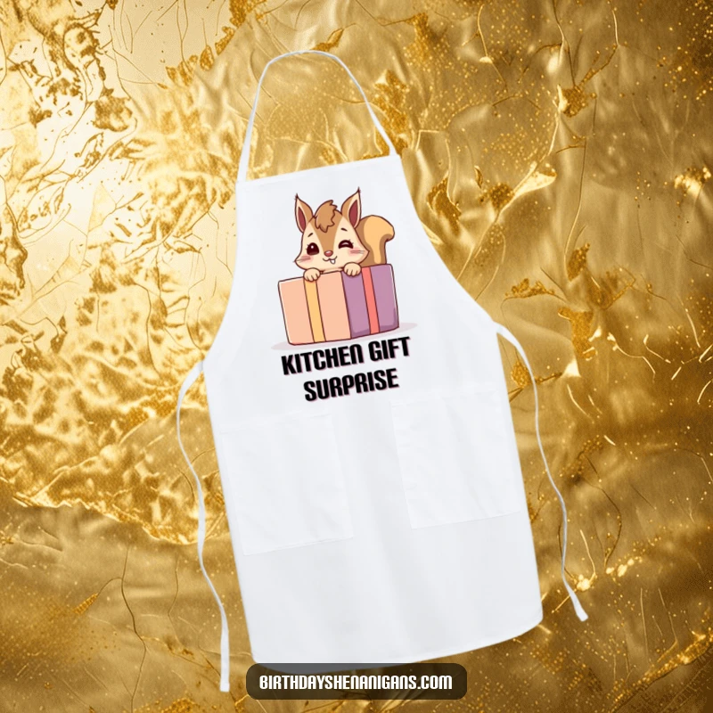 Funny giggling squirrel apron, a playful character peeking from behind a giant present, ideal for kitchen use and adding fun.