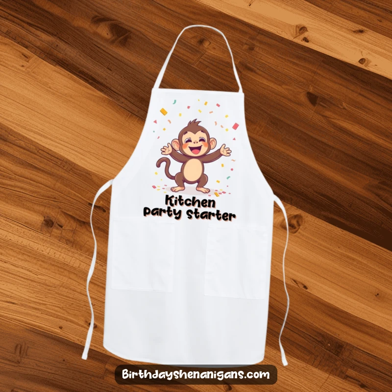 Funny apron with a kawaii monkey throwing confetti, ideal for cooks who love parties and adding humorous flair to their kitchen.