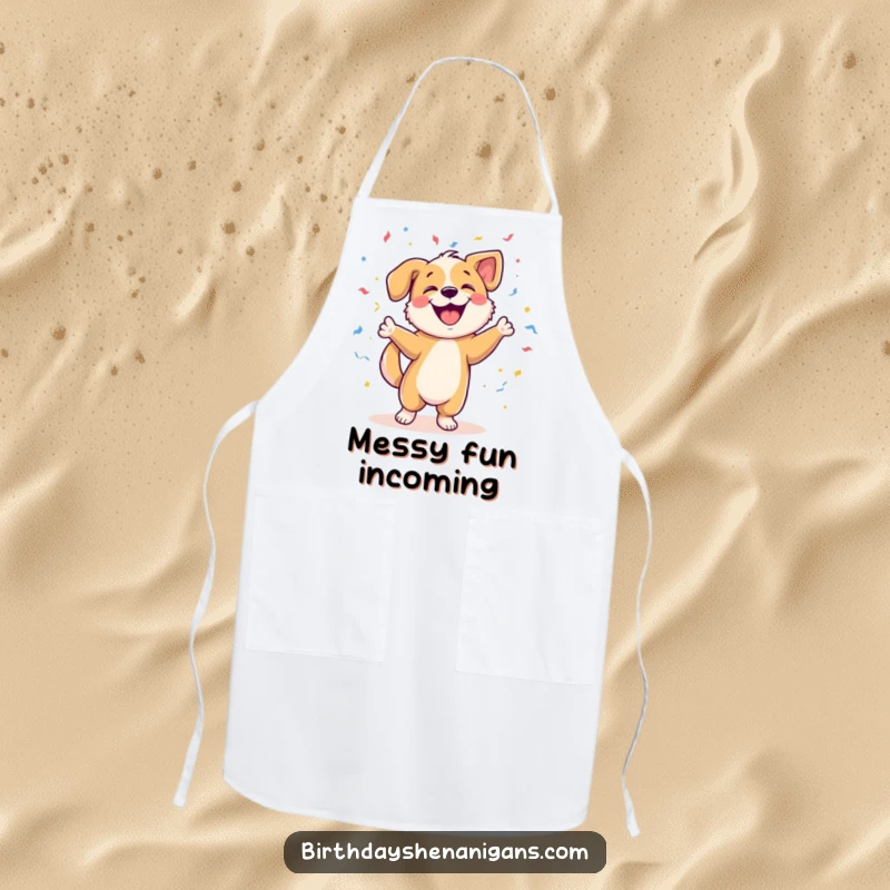 Funny apron showcasing a dog character gleefully dancing amidst a cascade of confetti, bringing fun to culinary tasks.