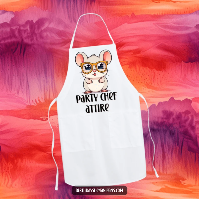 A round mouse character in party glasses, designed on an apron for humorous kitchen celebrations.