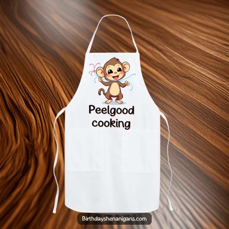 Funny apron showing a playful monkey character dancing with a streamer, perfect for kitchen parties and cooking fun.