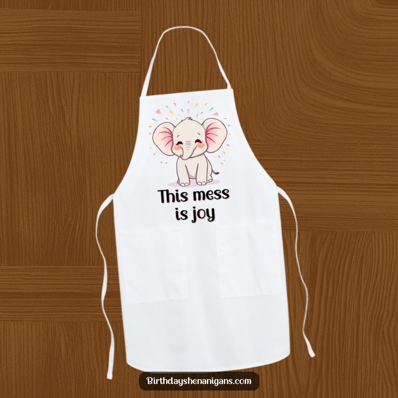 Funny kawaii elephant character in a chef's hat, trumpeting joyfully with streamers, perfect for a birthday apron.