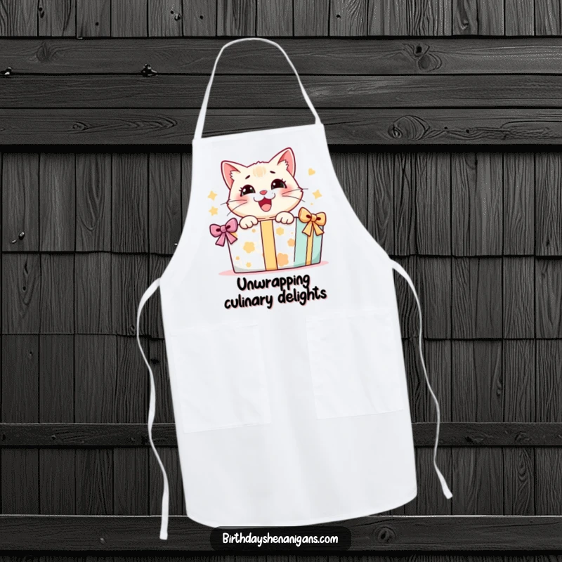 Funny apron showing a happy cat character enthusiastically opening a large gift box, bringing playful charm to the kitchen.