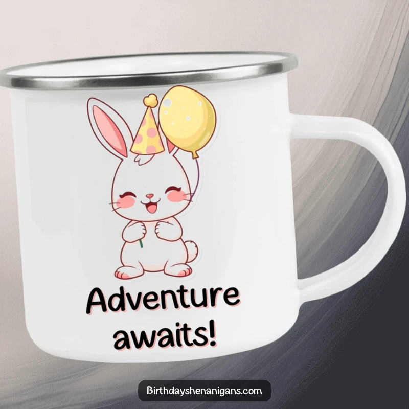 Funny birthday camping mug featuring a cheerful bunny in a party hat, holding a balloon, perfect for outdoor celebrations.