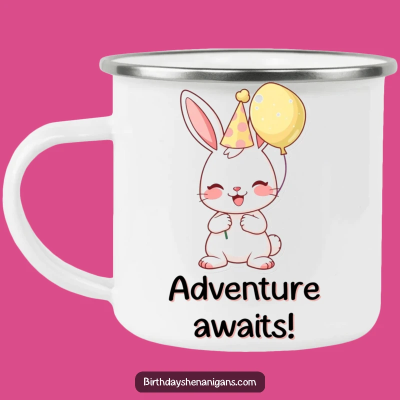 Funny Birthday Bunny Camping Mug: Cheerful Character, Hat & Balloon, Outdoor Gift