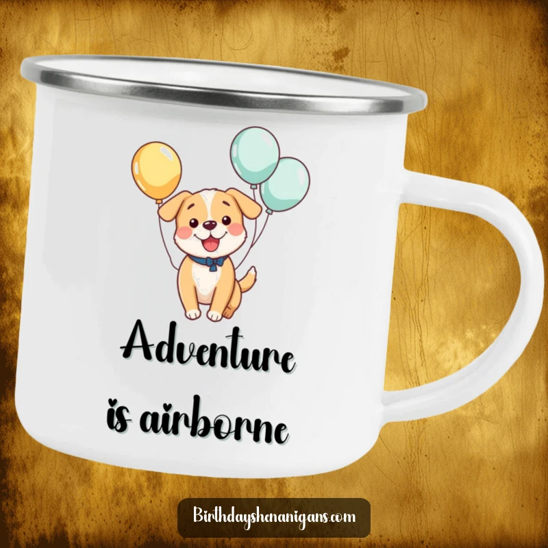 Funny camping mug featuring a kawaii dog with balloons, bouncing with joy, ideal for outdoor adventures and a cheerful funny gift.