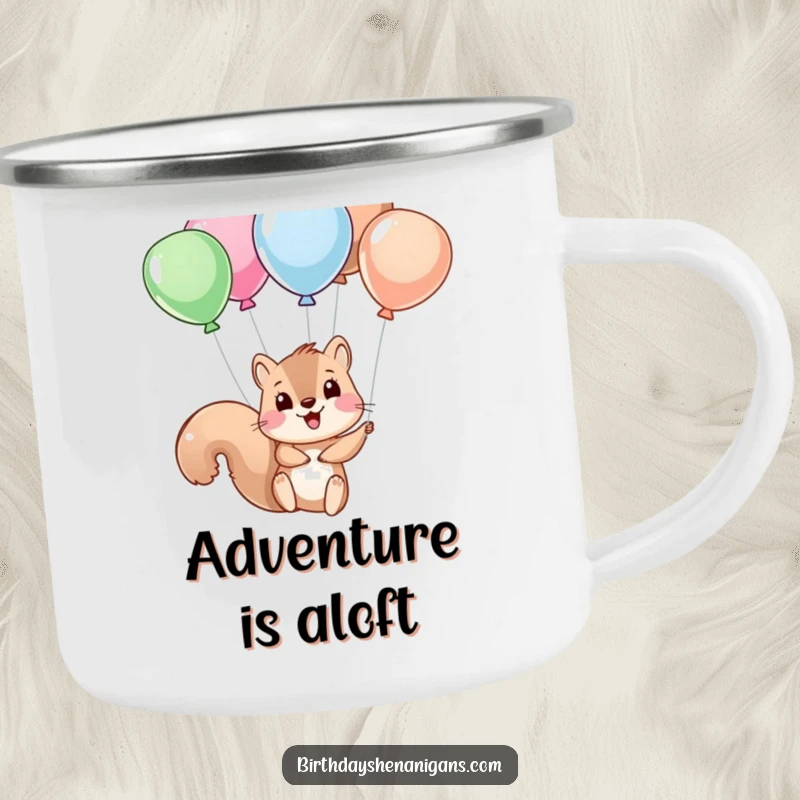 Funny squirrel character hanging from balloon strings on a rugged enamel camping mug, ready for outdoor fun.