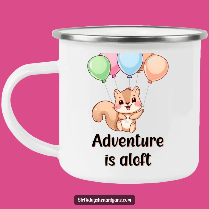 Funny Squirrel Balloon Enamel Mug: Adventure-Ready Humor, Unique Gift