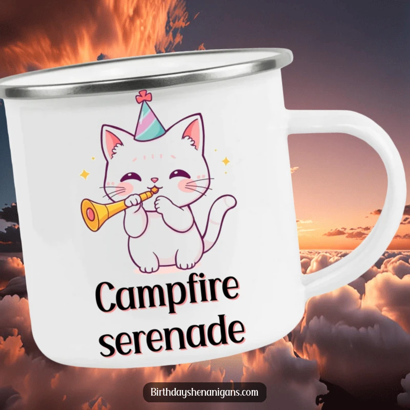 Funny kawaii cat wearing a birthday hat blowing a trumpet on a camping mug, durable and festive for adventures. Great gift.