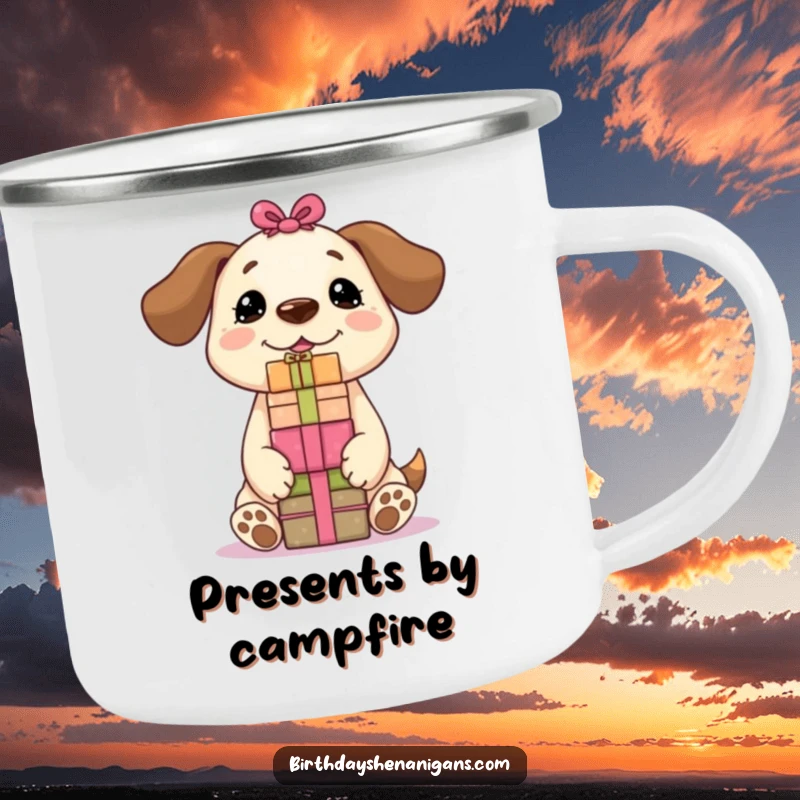 Funny Kawaii dog balancing presents on its nose, depicted on a durable camping mug, ideal for outdoor enthusiasts.