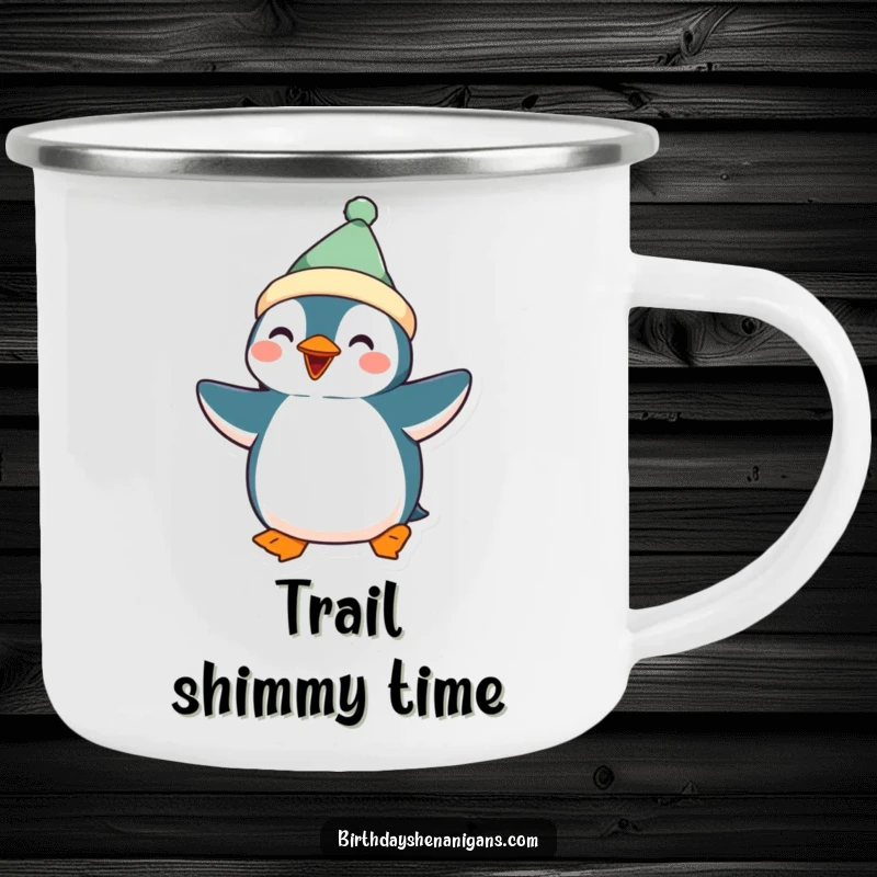 Funny Kawaii Penguin Camping Mug: A durable mug featuring a cute penguin in festive attire doing a silly dance, perfect for outdoor merriment.