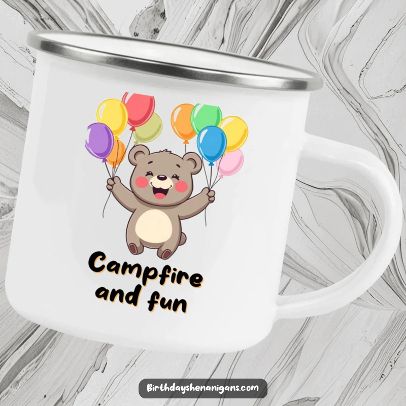 Funny camping mug featuring a cheerful bear with a big smile, juggling colorful balloons, designed for outdoor fun.
