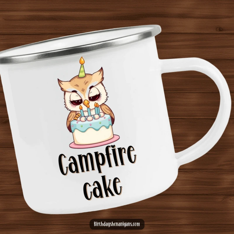 Funny camping mug with a curious owl character examining a birthday cake, perfect for outdoor adventures and enjoying drinks with whimsical charm.