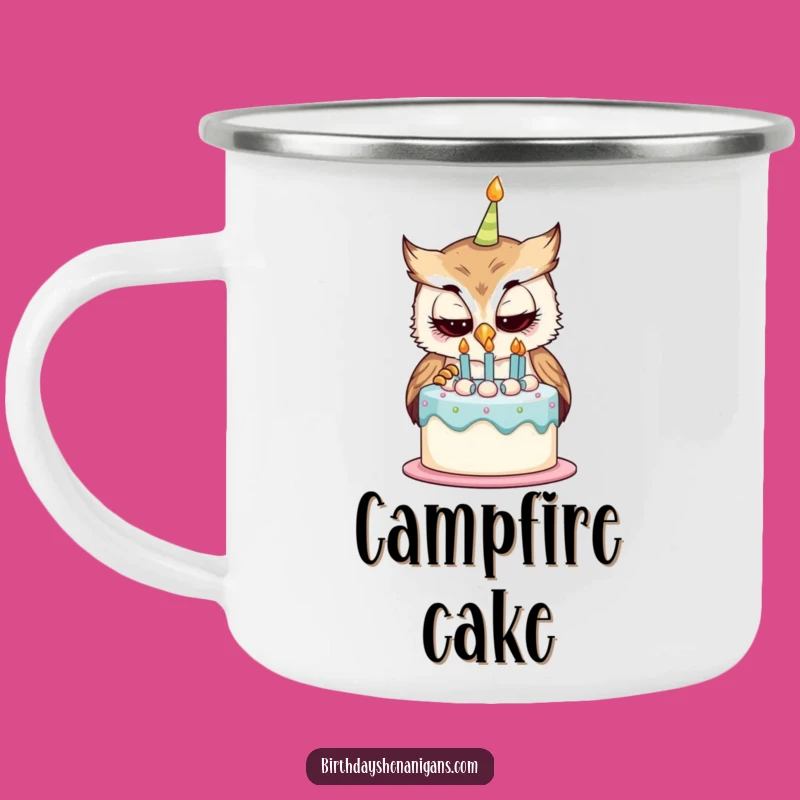 Funny Curious Owl Birthday Cake Camping Mug - Outdoor Whimsy Gift