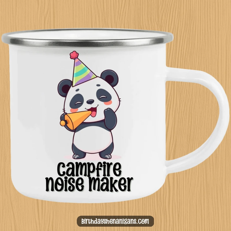Funny panda camping mug, durable, joyous, wearing party hat, blowing noisemaker, outdoor adventure, festive sips.