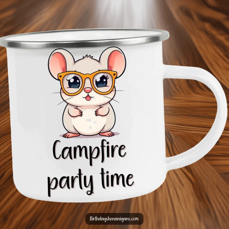 A round mouse character wearing party glasses on a rugged enamel camping mug, ready for outdoor festivities.