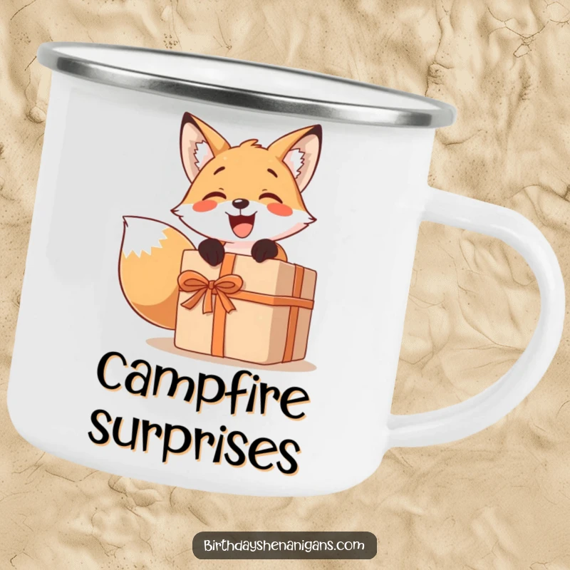 Funny camping mug with a smiling fox character excitedly unwrapping a comically large present, perfect for outdoor enjoyment.